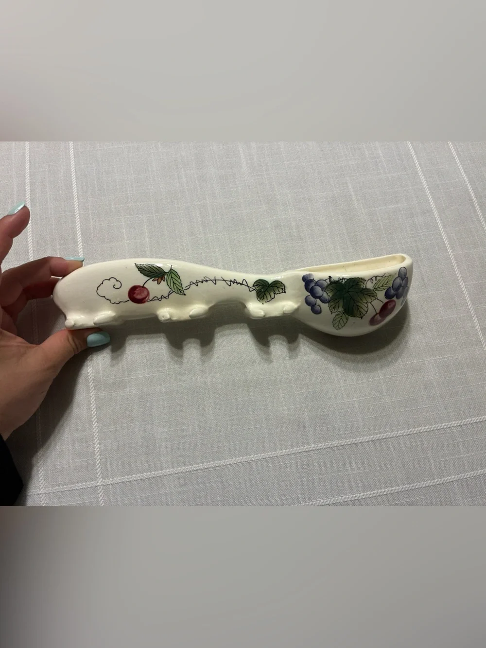 Vintage Ceramic Spoon Wall-pocket Utensil Holder with Fruit Motif